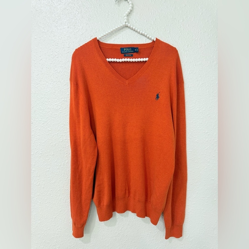 Mens Long Sleeve Jumper Sweater V Neck Polo Ralph Lauren Size M Cotton